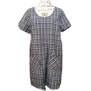 Y2K BLUE J. Linen Dress Plaid Modest Casual Beach Short Sleeve Pockets Medium